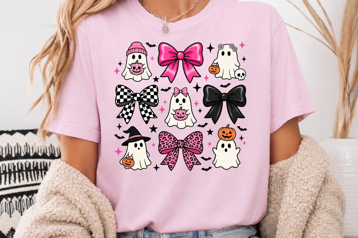 Coquette Halloween Ghost PNG Pink Leopard Bows Cute Spooky Sublimation Design
