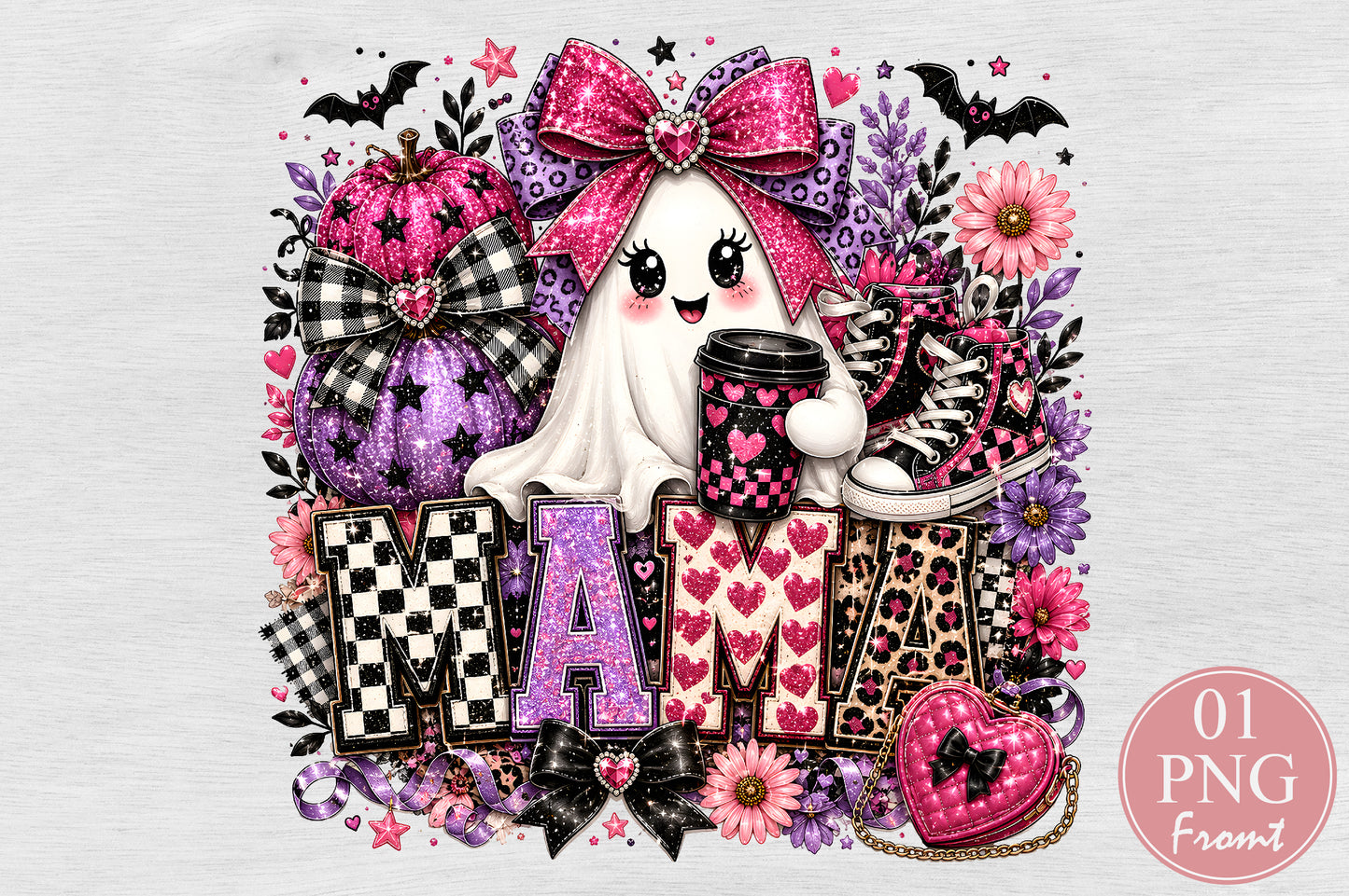 Coquette Halloween Mama PNG Pink Ghost Coffee Sublimation Cute Spooky Mom Design