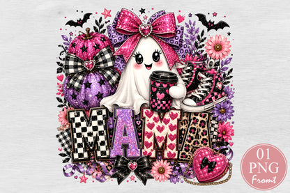 Coquette Halloween Mama PNG Pink Ghost Coffee Sublimation Cute Spooky Mom Design