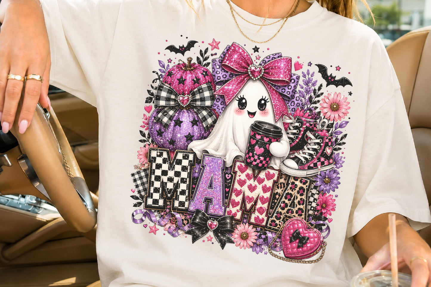 Coquette Halloween Mama PNG Pink Ghost Coffee Sublimation Cute Spooky Mom Design