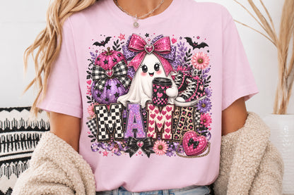 Coquette Halloween Mama PNG Pink Ghost Coffee Sublimation Cute Spooky Mom Design