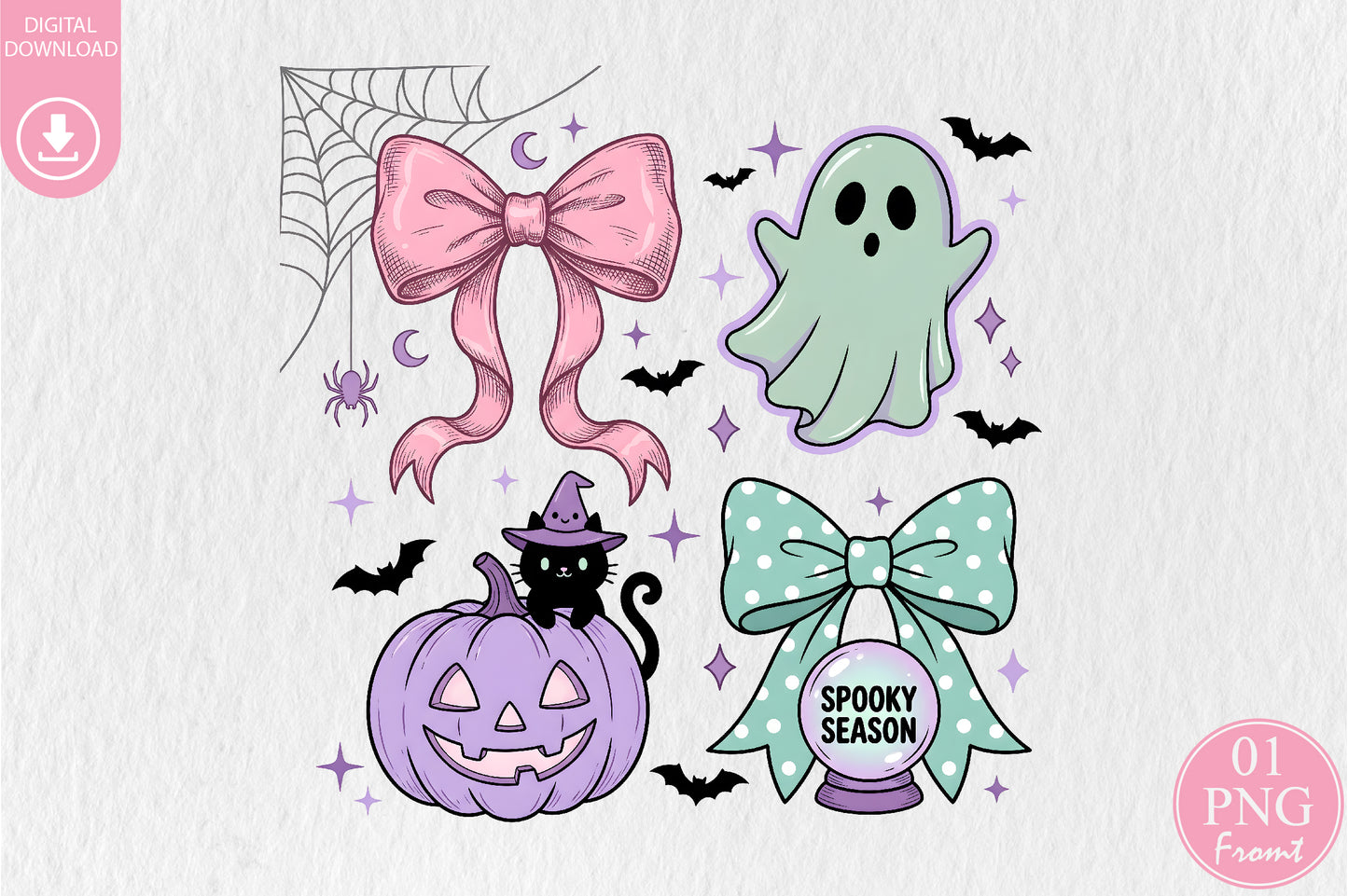 Coquette Halloween Bows PNG Pastel Pink Mint Green Spooky Season Sublimation