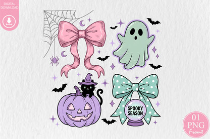 Coquette Halloween Bows PNG Pastel Pink Mint Green Spooky Season Sublimation