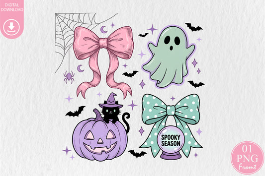 Coquette Halloween Bows PNG Pastel Pink Mint Green Spooky Season Sublimation