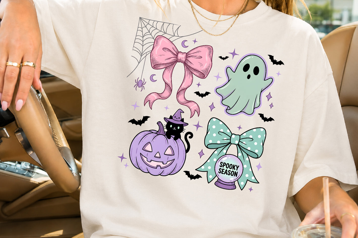 Coquette Halloween Bows PNG Pastel Pink Mint Green Spooky Season Sublimation