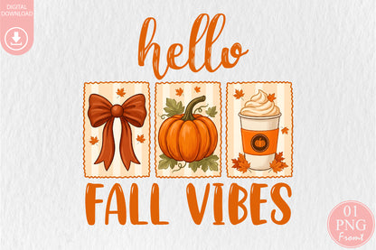 Coquette Hello Fall Vibes PNG Cute Pumpkin Bow Coffee Sublimation Design