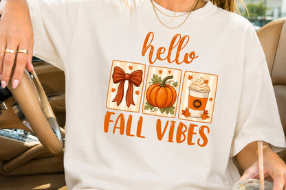 Coquette Hello Fall Vibes PNG Cute Pumpkin Bow Coffee Sublimation Design