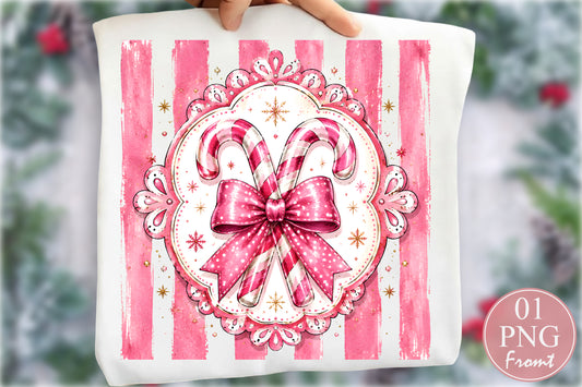 Coquette Pink Christmas Candy Cane PNG Bow Holiday Sublimation Design