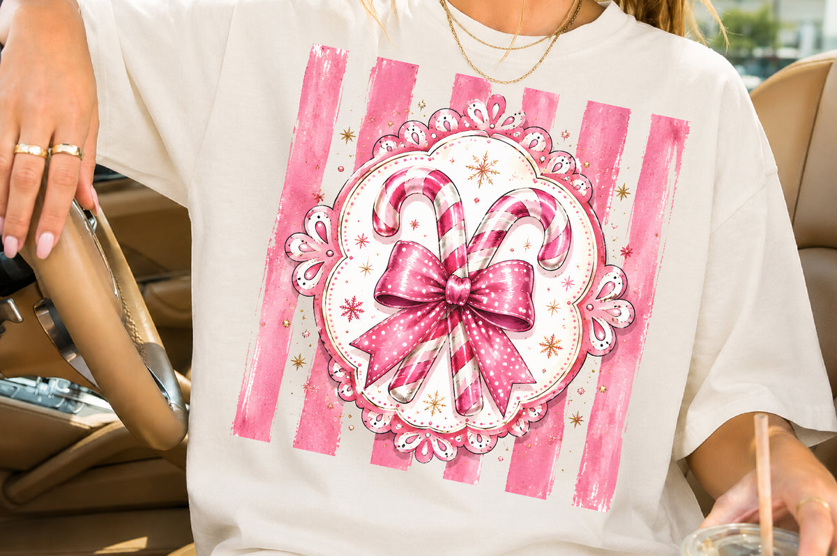 Coquette Pink Christmas Candy Cane PNG Bow Holiday Sublimation Design