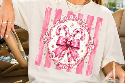 Coquette Pink Christmas Candy Cane PNG Bow Holiday Sublimation Design
