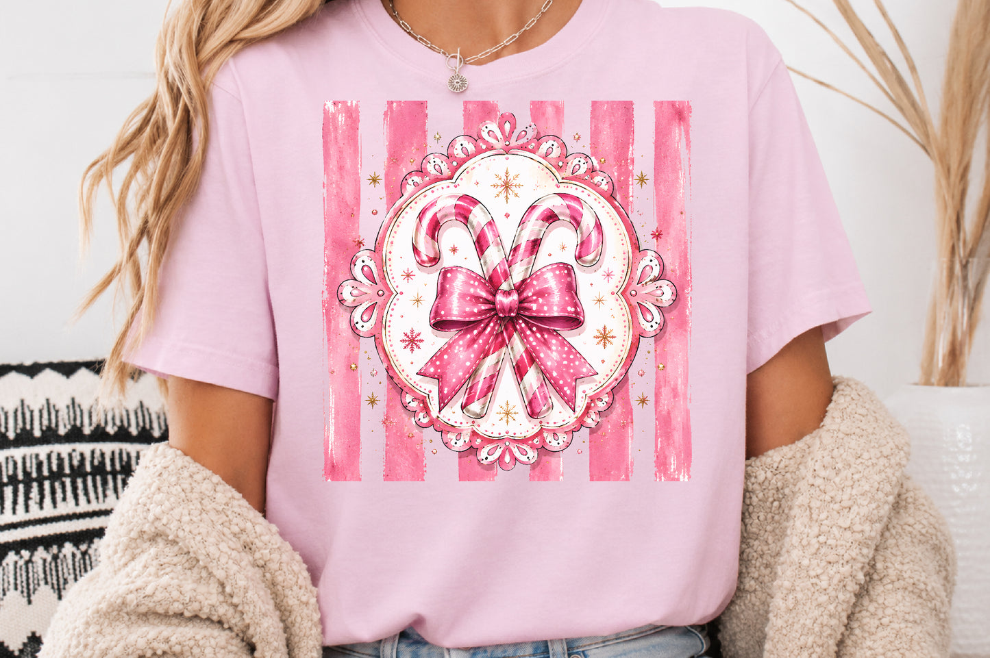 Coquette Pink Christmas Candy Cane PNG Bow Holiday Sublimation Design