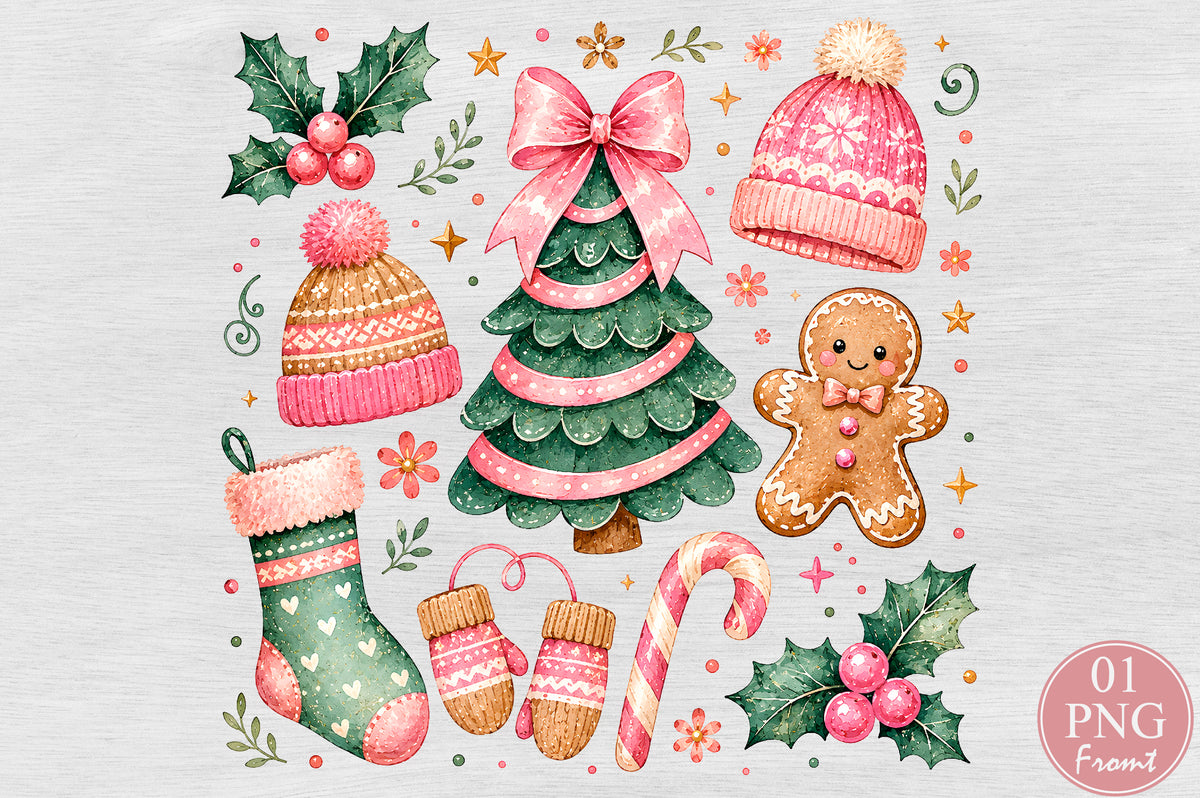Coquette Pink Christmas PNG Cute Holiday Clipart Pink Green Winter Sublimation Design