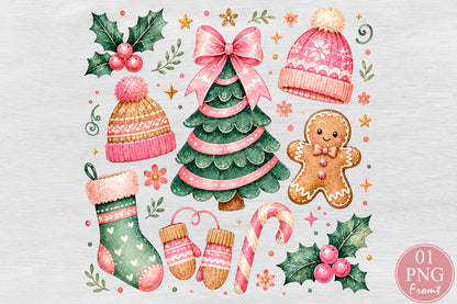Coquette Pink Christmas PNG Cute Holiday Clipart Pink Green Winter Sublimation Design