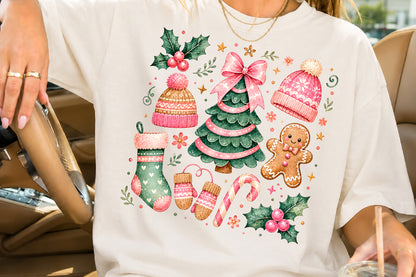 Coquette Pink Christmas PNG Cute Holiday Clipart Pink Green Winter Sublimation Design