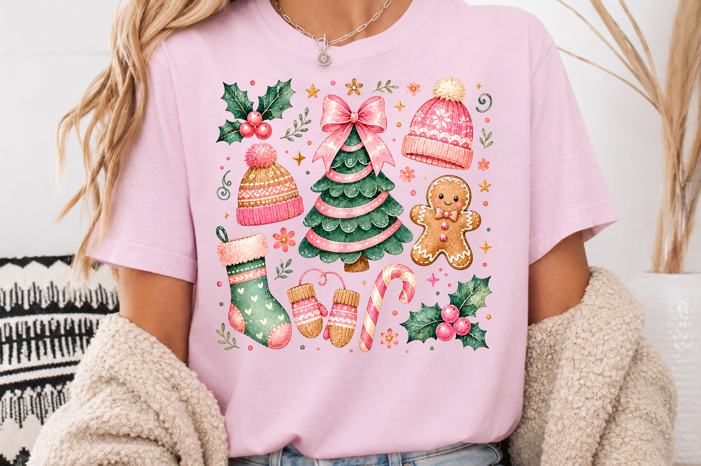 Coquette Pink Christmas PNG Cute Holiday Clipart Pink Green Winter Sublimation Design