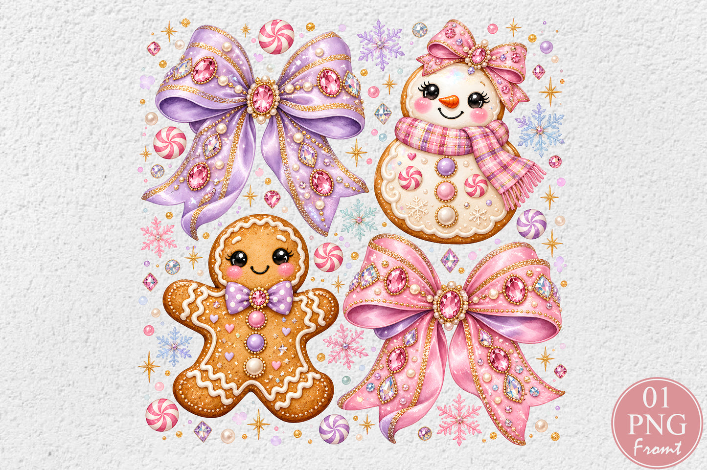 Coquette Pink Purple Christmas PNG Cute Gingerbread Snowman Bow Holiday Sublimation