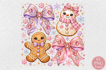 Coquette Pink Purple Christmas PNG Cute Gingerbread Snowman Bow Holiday Sublimation