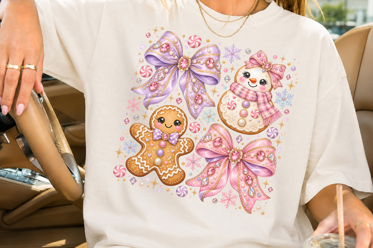 Coquette Pink Purple Christmas PNG Cute Gingerbread Snowman Bow Holiday Sublimation