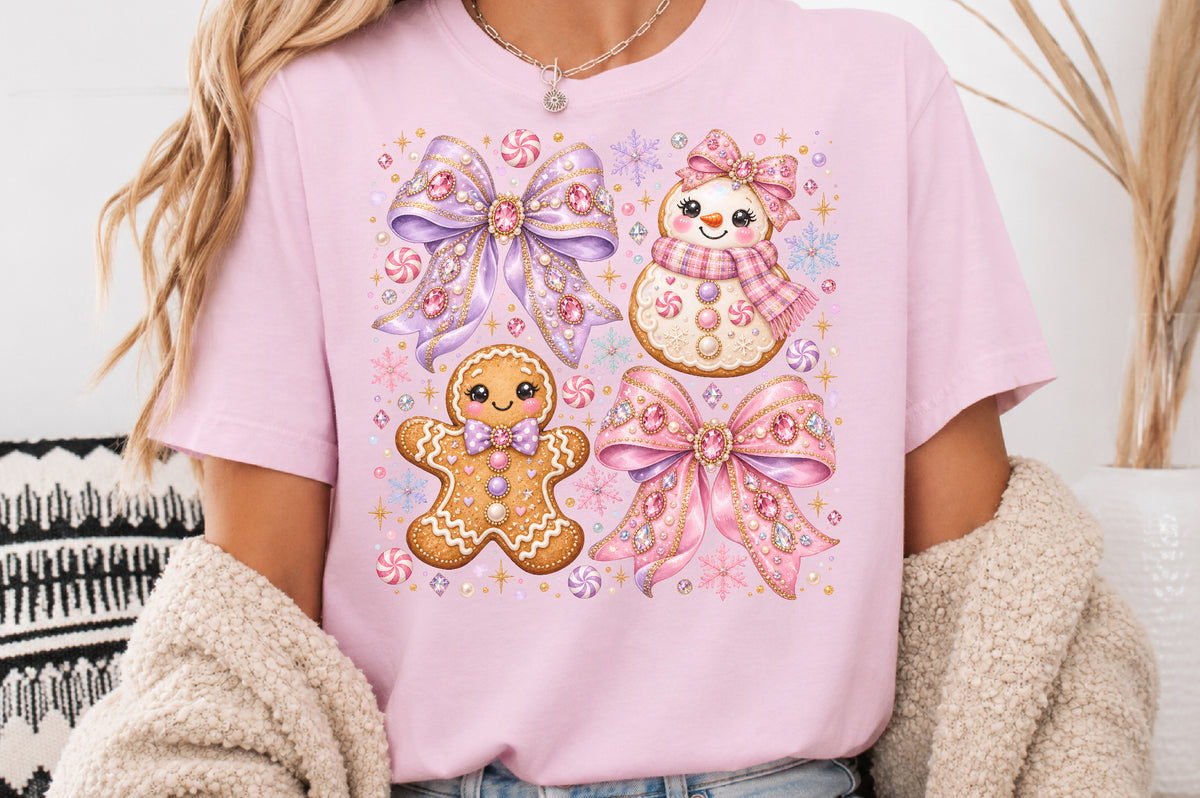 Coquette Pink Purple Christmas PNG Cute Gingerbread Snowman Bow Holiday Sublimation