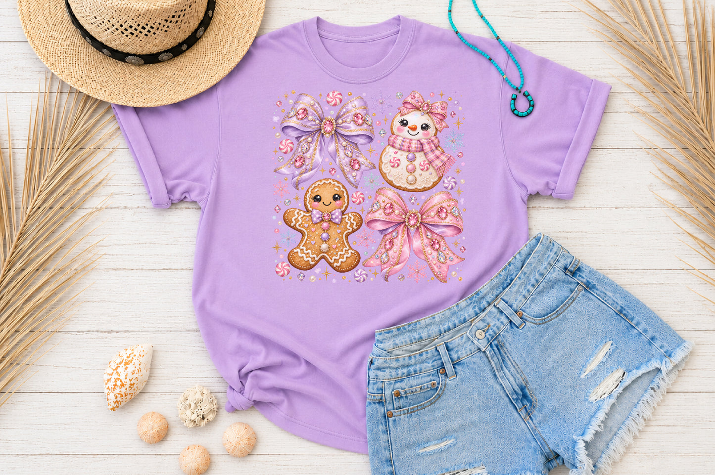 Coquette Pink Purple Christmas PNG Cute Gingerbread Snowman Bow Holiday Sublimation
