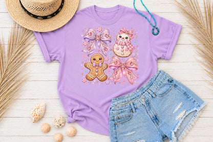 Coquette Pink Purple Christmas PNG Cute Gingerbread Snowman Bow Holiday Sublimation