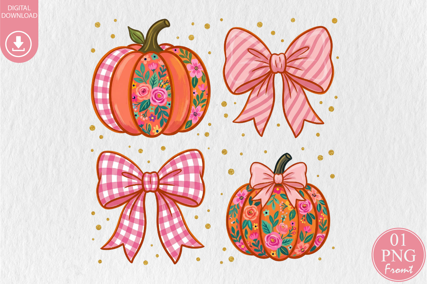 Coquette Pumpkin PNG Fall Floral Pumpkins Bow Autumn Sublimation Design