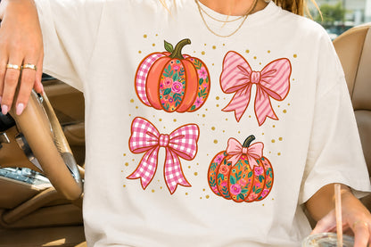 Coquette Pumpkin PNG Fall Floral Pumpkins Bow Autumn Sublimation Design