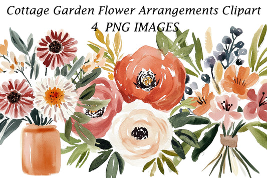 Cottage Garden Flower Arrangements Clipart | Watercolor Floral Bouquet