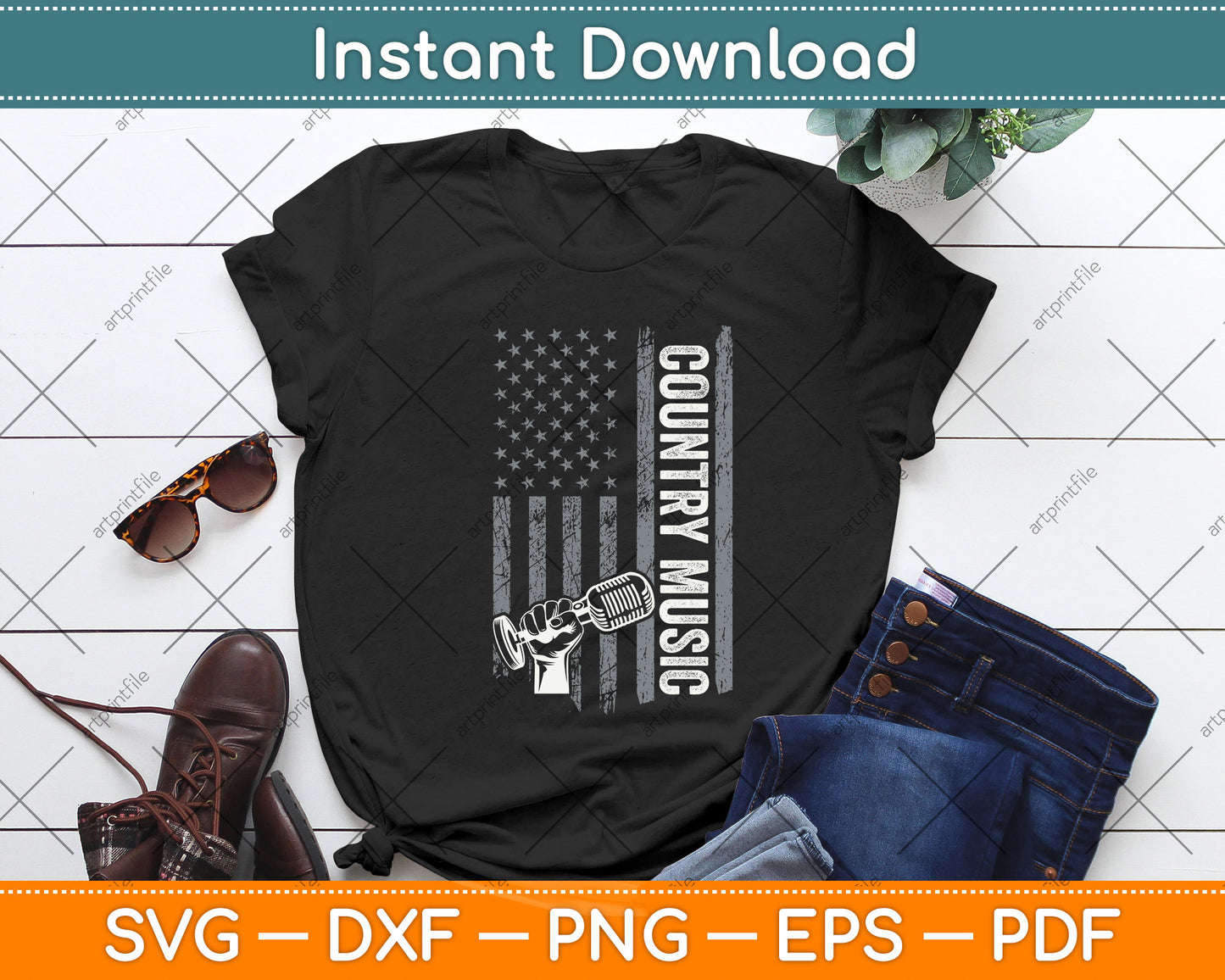 Country Music Guitar & American Flag Western Svg Png Dxf Digital Cutting File