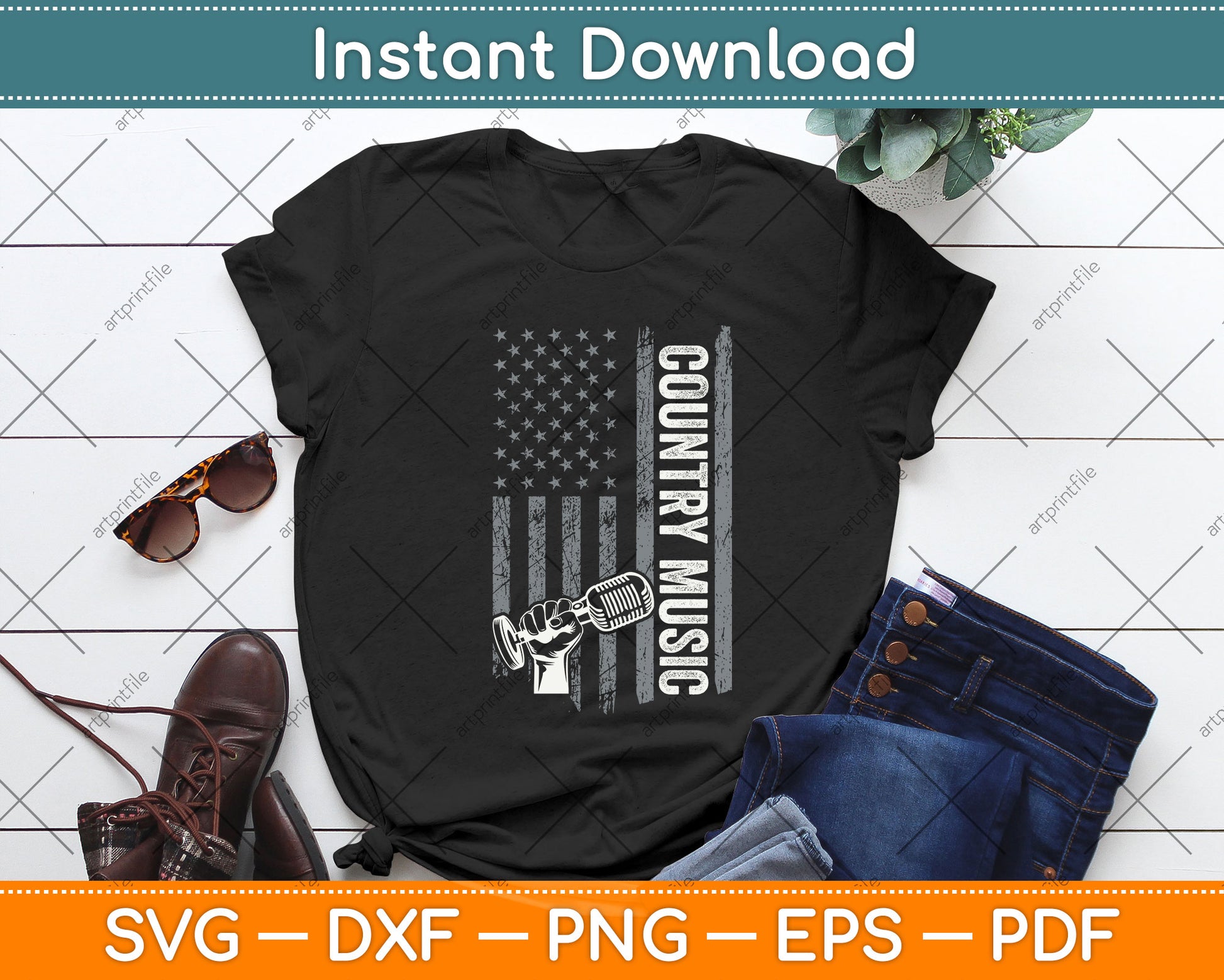 Country Music Guitar & American Flag Western Svg Png Dxf Digital Cutting File