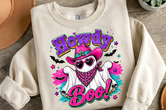 Cowboy Ghost Halloween PNG | Howdy Boo Western Ghost Pink Cowgirl Hat Spooky Sublimation Design