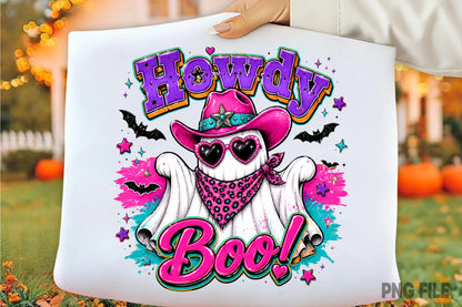 Cowboy Ghost Halloween PNG | Howdy Boo Western Ghost Pink Cowgirl Hat Spooky Sublimation Design
