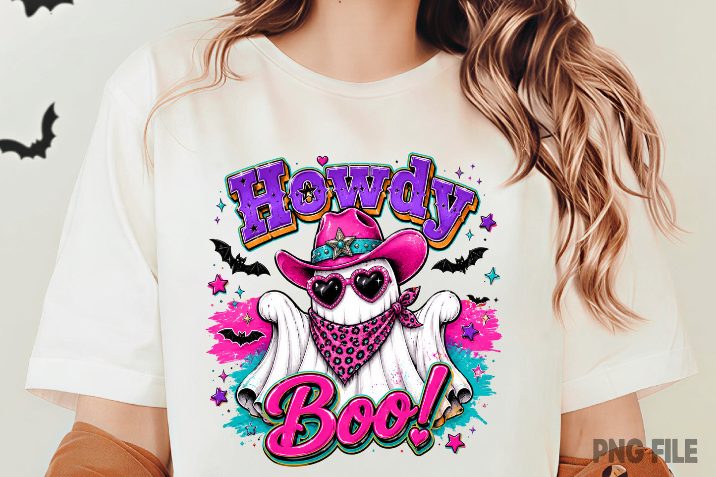 Cowboy Ghost Halloween PNG | Howdy Boo Western Ghost Pink Cowgirl Hat Spooky Sublimation Design