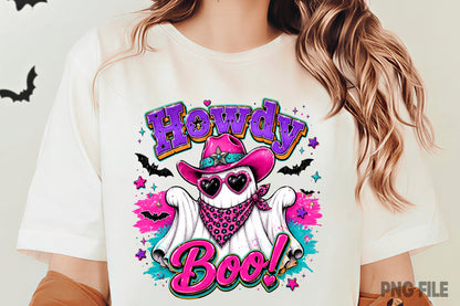 Cowboy Ghost Halloween PNG | Howdy Boo Western Ghost Pink Cowgirl Hat Spooky Sublimation Design