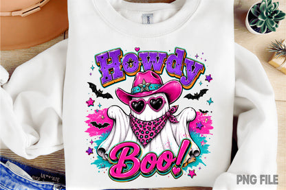 Cowboy Ghost Halloween PNG | Howdy Boo Western Ghost Pink Cowgirl Hat Spooky Sublimation Design
