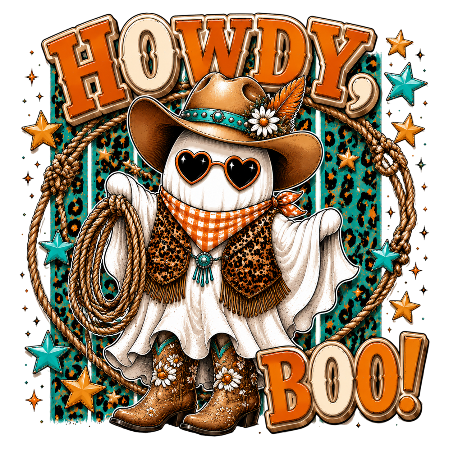 Cowboy Ghost Halloween PNG | Howdy Boo Western Ghost Cowboy Hat Rope Boots Sublimation Design