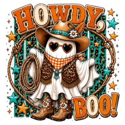 Cowboy Ghost Halloween PNG | Howdy Boo Western Ghost Cowboy Hat Rope Boots Sublimation Design