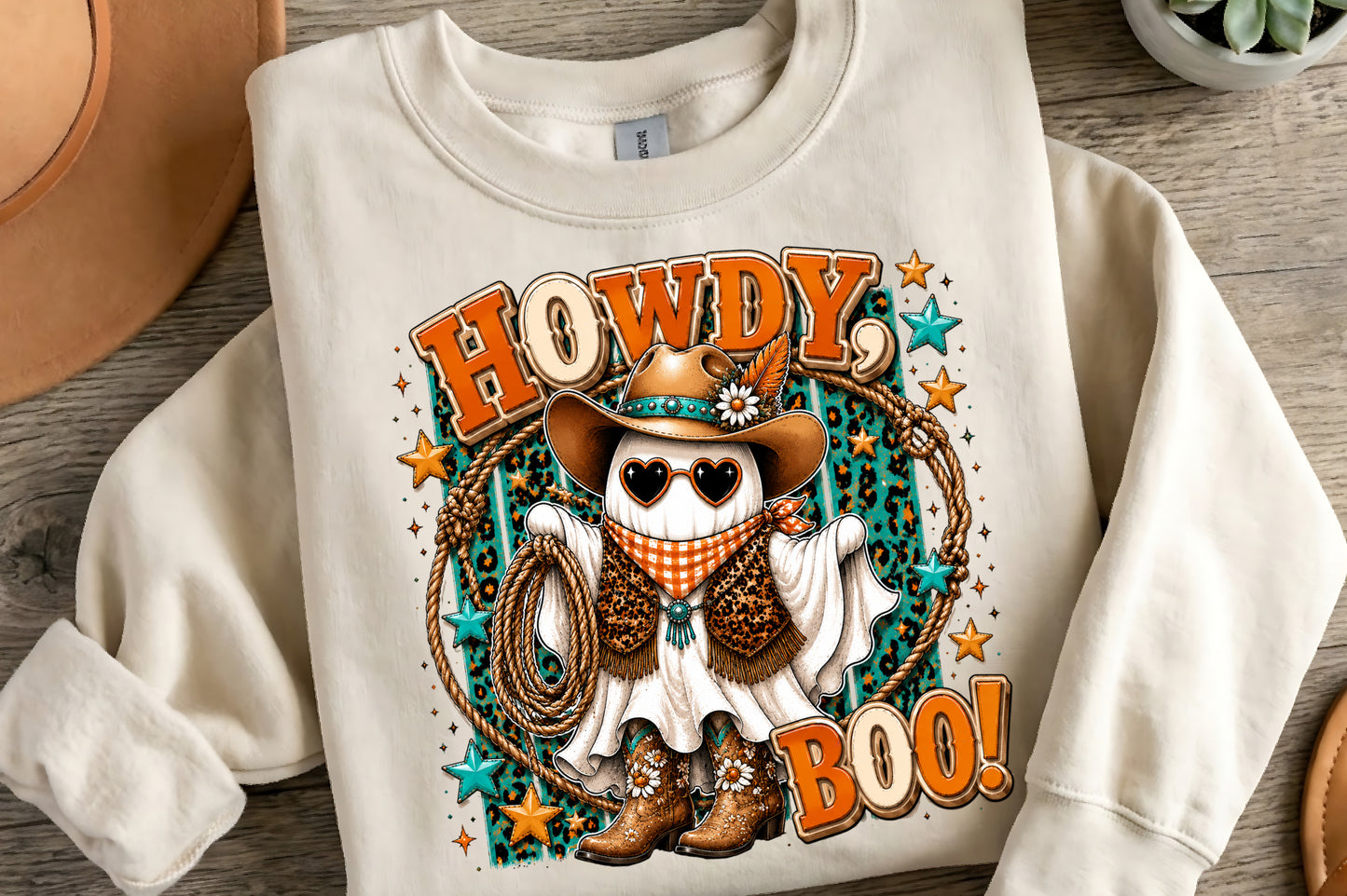 Cowboy Ghost Halloween PNG | Howdy Boo Western Ghost Cowboy Hat Rope Boots Sublimation Design
