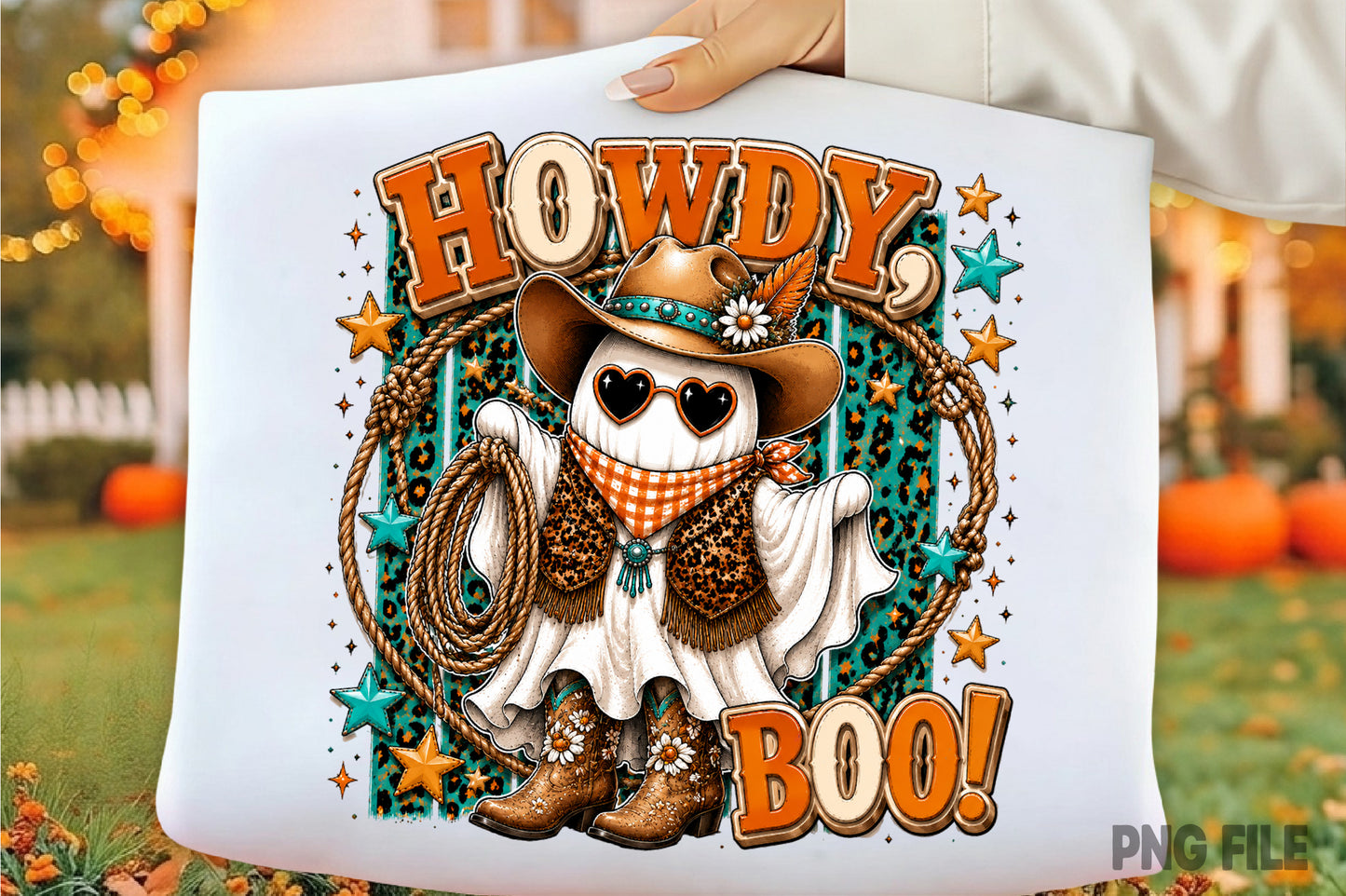Cowboy Ghost Halloween PNG | Howdy Boo Western Ghost Cowboy Hat Rope Boots Sublimation Design