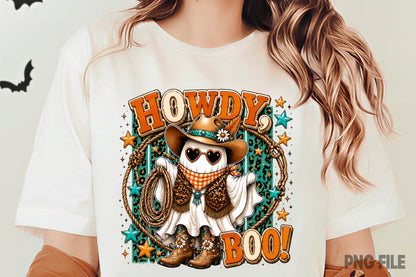 Cowboy Ghost Halloween PNG | Howdy Boo Western Ghost Cowboy Hat Rope Boots Sublimation Design