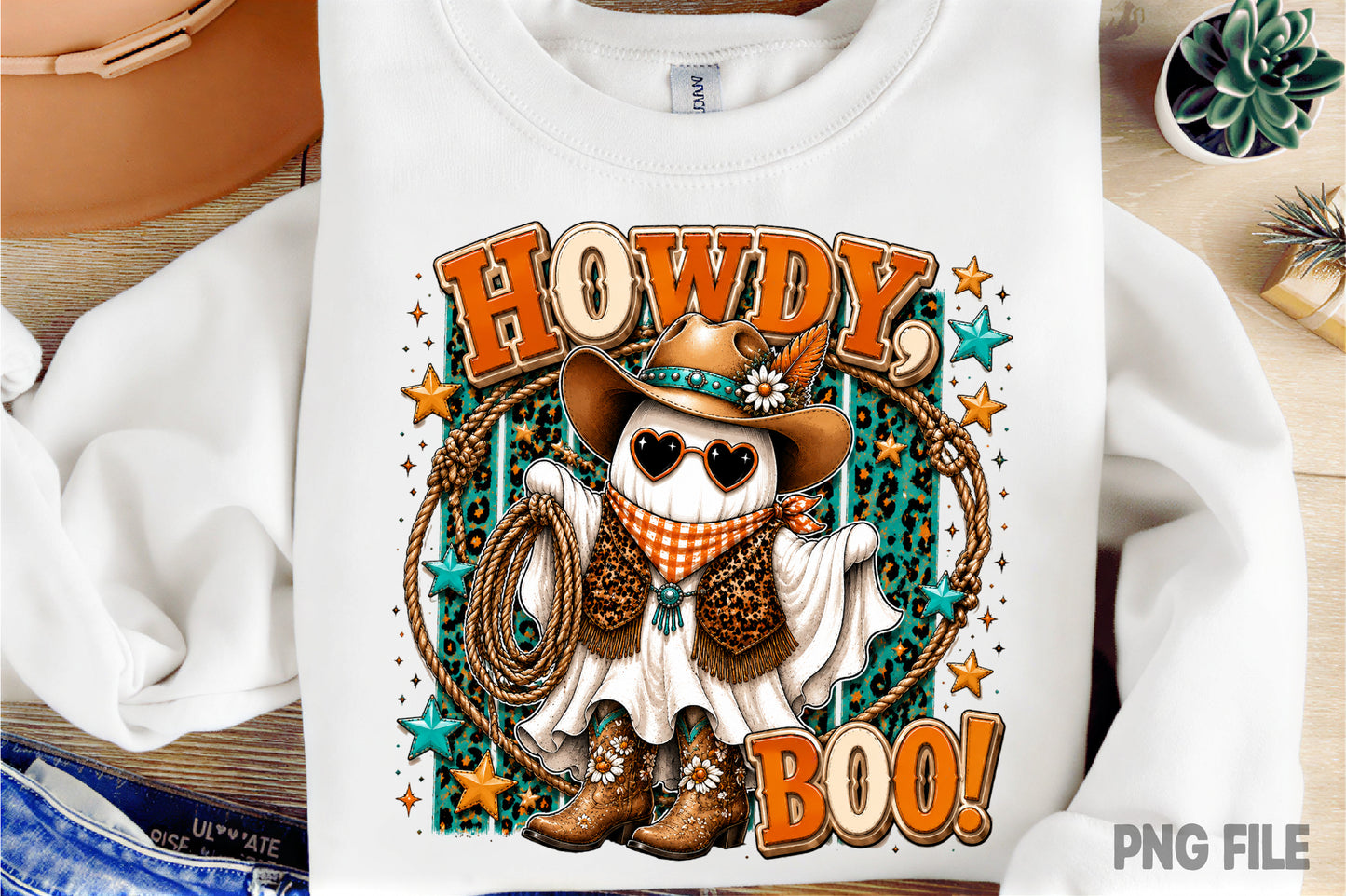 Cowboy Ghost Halloween PNG | Howdy Boo Western Ghost Cowboy Hat Rope Boots Sublimation Design