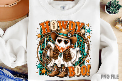 Cowboy Ghost Halloween PNG | Howdy Boo Western Ghost Cowboy Hat Rope Boots Sublimation Design