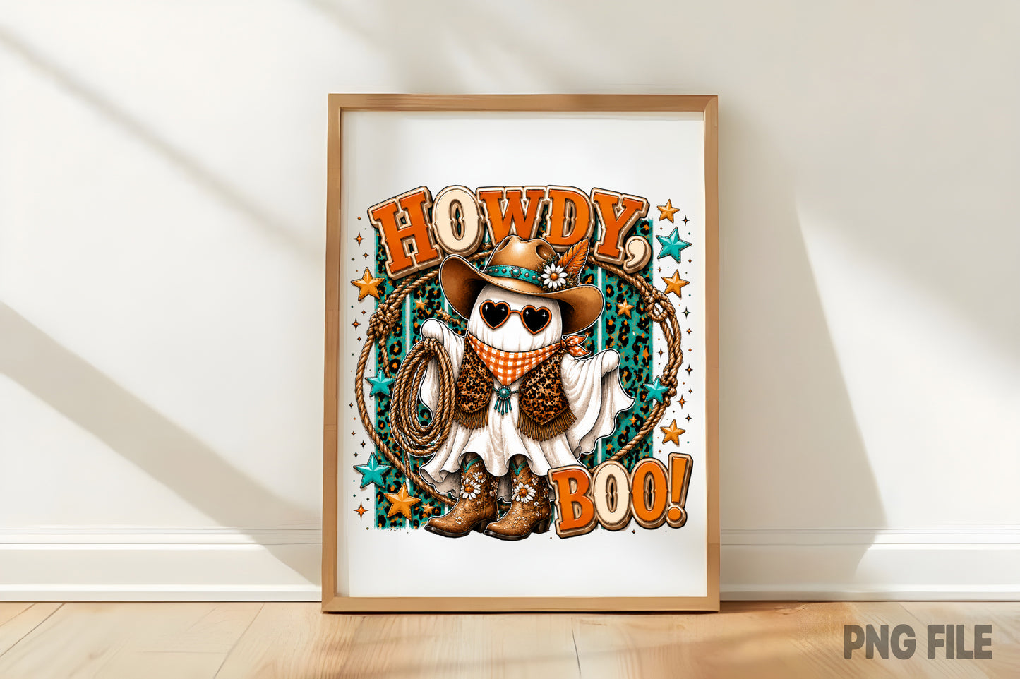 Cowboy Ghost Halloween PNG | Howdy Boo Western Ghost Cowboy Hat Rope Boots Sublimation Design