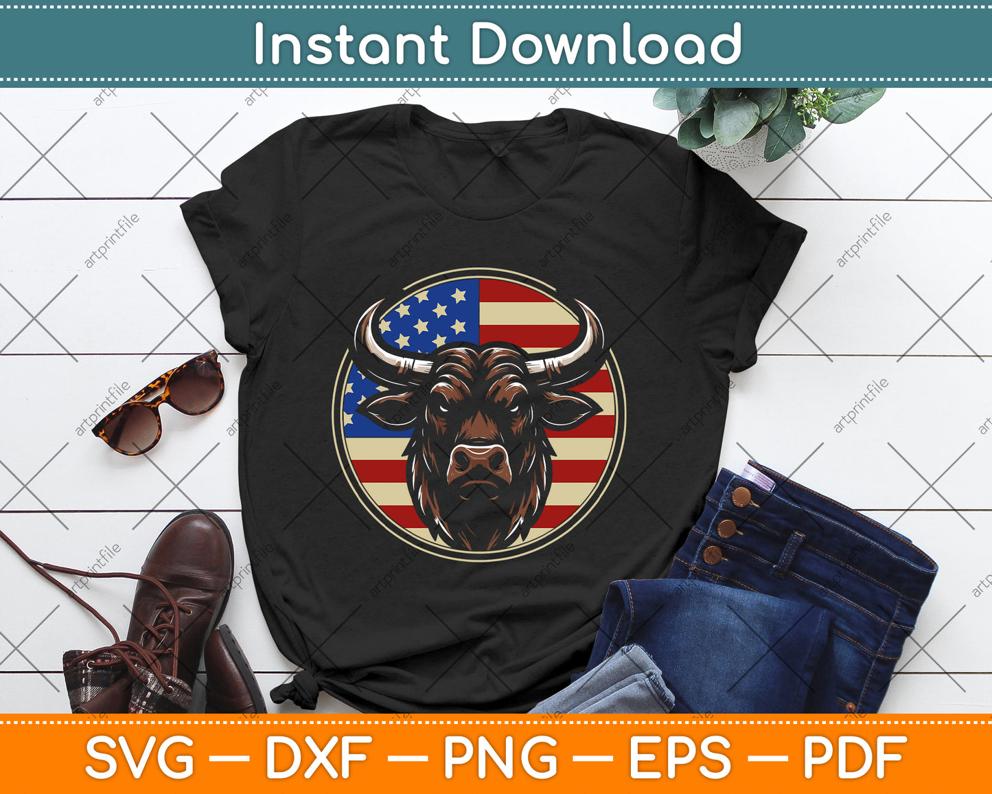 Cowboy Rodeo Bull Distressed American Flag Western SVG Digital File