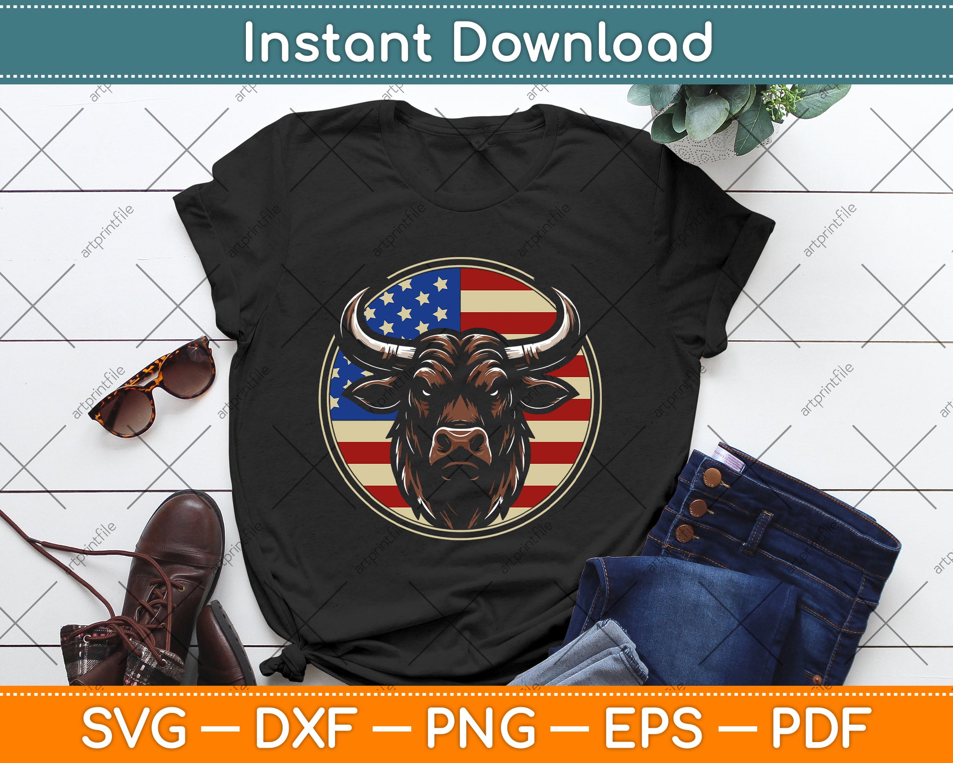 Cowboy Rodeo Bull Distressed American Flag Western SVG Digital File