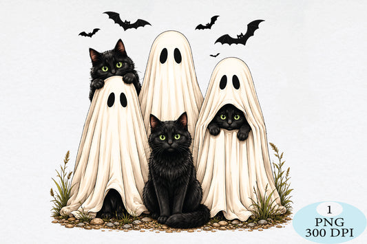 Black Cat Ghost Halloween PNG