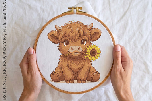 Cow with Sunflower Embroidery Design – Cute Cow & Sunflower Machine Embroidery Pattern, Farmhouse Animal Floral Embroidery Design