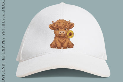 Cow with Sunflower Embroidery Design – Cute Cow & Sunflower Machine Embroidery Pattern, Farmhouse Animal Floral Embroidery Design