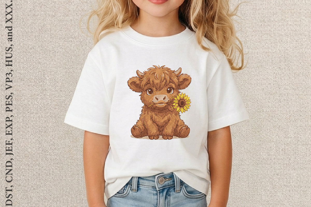 Cow with Sunflower Embroidery Design – Cute Cow & Sunflower Machine Embroidery Pattern, Farmhouse Animal Floral Embroidery Design