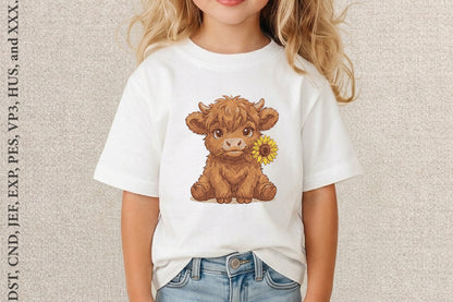 Cow with Sunflower Embroidery Design – Cute Cow & Sunflower Machine Embroidery Pattern, Farmhouse Animal Floral Embroidery Design
